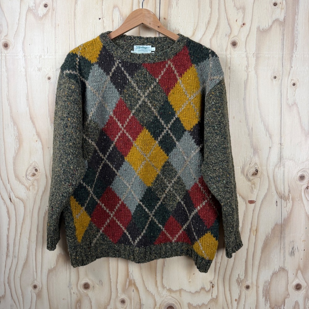 Vintage Heritage Ireland Hand Crafted Intarsia Green Mens Sz L Wool Sweater